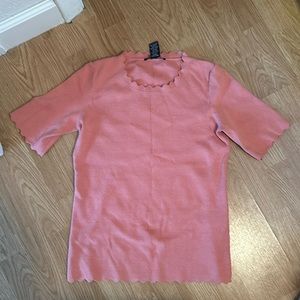 Salmon colored top scalloped neck line and sleeves and bottom